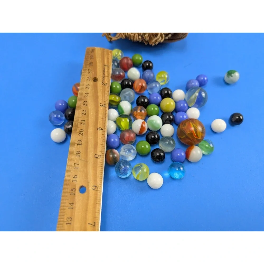 Vintage Bag of 75 Old Marbles Assorted Colors with Suede Leather Pouch